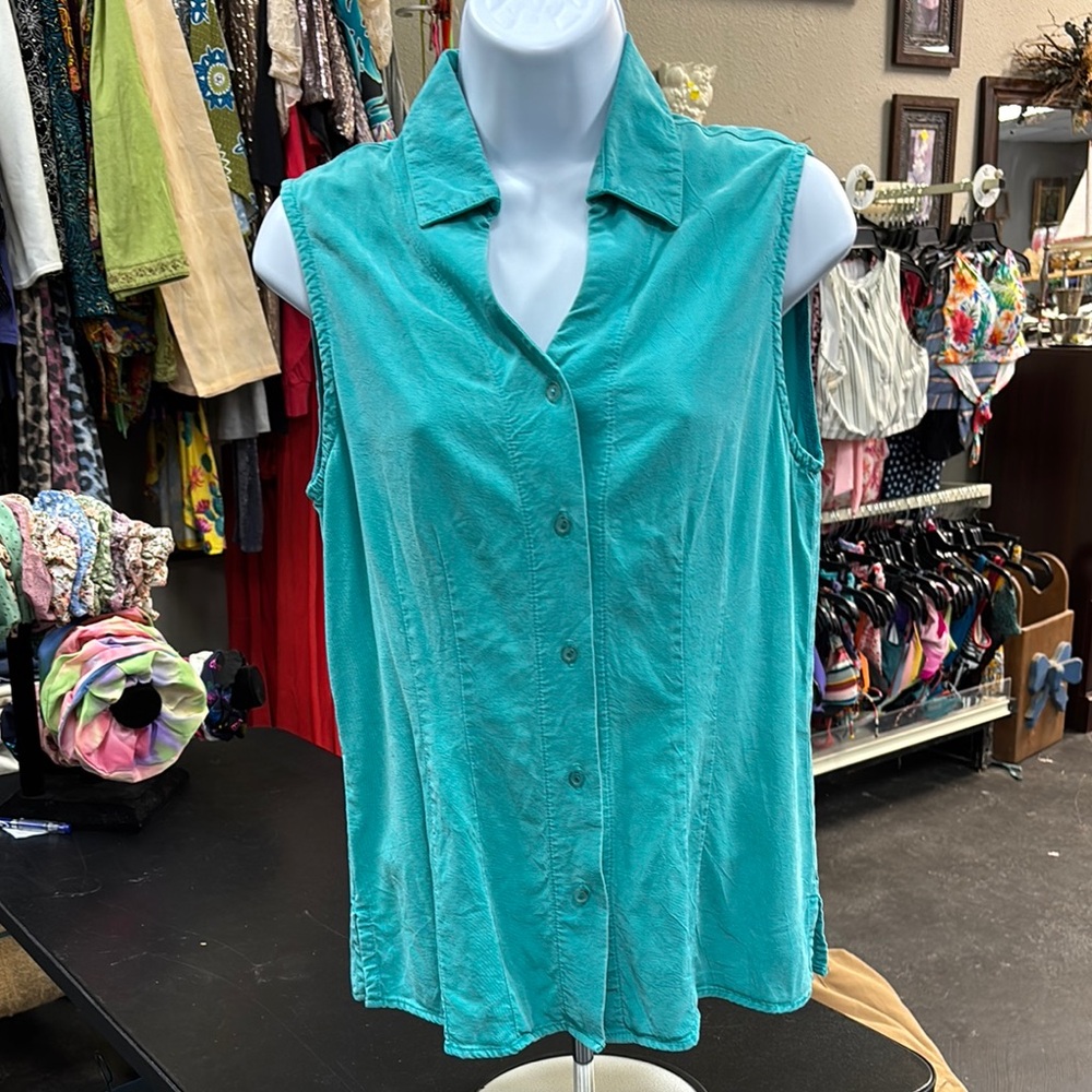 Tianello Blue Sleeveless Button Down Shirt with Notched Collar